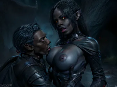 (pitchblack skin:1.3), drow, dark elf, two women, girl on girl, caressing, darkness, dark background, underdark, menzoberranzan, cavern, forgotten realms, (tittysuck:1.1), (kissing tits:.8), (breastfeeding:.6), gray skin, blue skin, black skin, red eyes, Viconia, <lora:drow_offset:.6>, <lora:more_details:1.6>, <lora:V3:.3>, <lora:tittysuck:1>, <lora:Viconia:.4>