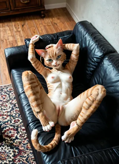 (anthro cat girl:2), Highest quality, ultimate detail, 8K, high angle view, Naked, young girl, black couch, very thick body, very curvy body, holding her legs up, (great big smile), teeth, legs spread, feet in the air, sexy cat paws towards camera, (very detailed cat toes:1.6), ankle bracelet, soft body