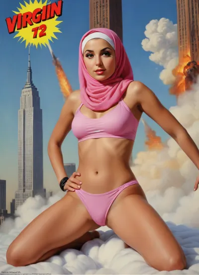 (TITLE TEXT "Virgin No.72":1.8), "Virgin No.72", (text reading "Virgin No.72"), (big movie title "Virgin No.72"), (movie poster:1.2), (huge letters, movie title text:1.2), (Muslim woman, brown skin:1.3), (Arab woman:1.1), (brown skin:1.3), (religious hijab:1.3), wet sweaty body, big text on poster, sweaty body, ((string bikini bottom)), sideview, (((tight uniform 50's))), (((pin up 1940's))), (explosion on World Trade Center:1.1), (1950's movie poster:1.2), (huge title text, movie poster:1.5), (big text on poster:1.5), (1950's movie poster:1.4), (1940's pin up girl), (Muslim girl in hijab sitting on a cloud in the sky:1.4), (hijab:1.5), (Arab girl in underwear:1.2), (skyline in background:1.3), (explosion on skyscraper:1.3), (airplane crashing into World Trade Center:1.3), (September 11 attacks:1.2), (9/11 September twin tower attack:1.2), (airplanes crashing in skyscraper:1.1), (she is wearing a pink hijab), Photography, photorealism, tall, beautiful perfect figure, Knee-high boots, perfect tall legs, charming eyes, sad yet gracious face, dark background, fantasy art capturing the style of Aaron Horkey, Jeremy Mann and Luis Royo, body-focused composition from a low angle, alluring figure, dark fantasy, dynamic composition, warm hues, showcases acrylic calligraphy, watercolor techniques integrated seamlessly into a maximalist masterpiece, detailed with gouache fluidity, golden hour light, hyperrealism, hypperrealistic, hyperdetailed, 64k, ultraHDR, Movie, Poster, page, panties, pulled, to, side, pussy, shaved, logo, text, sign, that, says, the, word, <lora:Movie Poster:.5>, <lora:Pussy_pants_nohands_D03_realvizXL2_bucket_01-000010:.5>, <lora:texta:1>