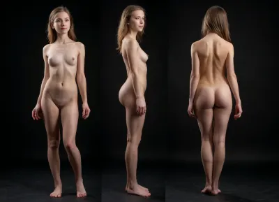 cute young beautiful naked girl in full growth. black background. left side, front, right side and back views. casting