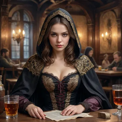a Russian beauty milf, (dark brown hair, light brown eyes, medium breasts), rich aristocrat, incognito, in a black cape with a hood thrown over a rich dress, sits in a dirty dark tavern among drunken beggars. lace filigree of bright, rich color. Super clear, highly detailed watercolor, glaze technique, plus colored alcohol ink, style of V. Vasnetsov