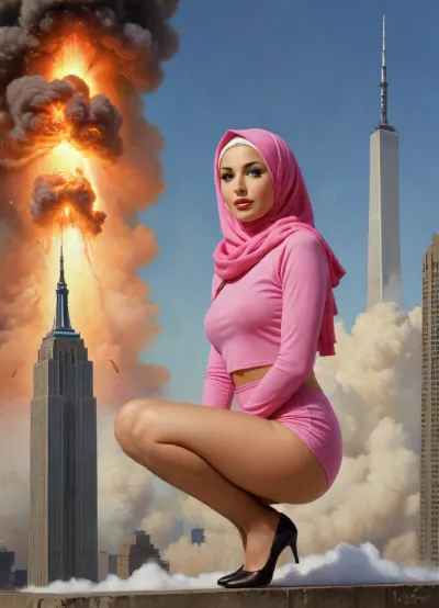 (TITLE TEXT "Virgin No.72":1.8), "Virgin No.72", (text reading "Virgin No.72"), (big movie title "Virgin No.72"), (movie poster:1.2), (huge letters, movie title text:1.2), (Muslim woman, brown skin:1.3), (Arab woman:1.1), (brown skin:1.3), (religious hijab:1.3), wet sweaty body, big text on poster, sweaty body, ((string bikini bottom)), sideview, (((tight uniform 50's))), (((pin up 1940's))), (explosion on World Trade Center:1.1), (1950's movie poster:1.2), (huge title text, movie poster:1.5), (big text on poster:1.5), (1950's movie poster:1.4), (1940's pin up girl), (Muslim girl in hijab sitting on a cloud in the sky:1.4), (hijab:1.5), (Arab girl in underwear:1.2), (skyline in background:1.3), (explosion on skyscraper:1.3), (airplane crashing into World Trade Center:1.3), (September 11 attacks:1.2), (9/11 September twin tower attack:1.2), (airplanes crashing in skyscraper:1.1), (she is wearing a pink hijab), Photography, photorealism, tall, beautiful perfect figure, Knee-high boots, perfect tall legs, charming eyes, sad yet gracious face, dark background, fantasy art capturing the style of Aaron Horkey, Jeremy Mann and Luis Royo, body-focused composition from a low angle, alluring figure, dark fantasy, dynamic composition, warm hues, showcases acrylic calligraphy, watercolor techniques integrated seamlessly into a maximalist masterpiece, detailed with gouache fluidity, golden hour light, hyperrealism, hypperrealistic, hyperdetailed, 64k, ultraHDR, Movie, Poster, page, panties, pulled, to, side, pussy, shaved, logo, text, sign, that, says, the, word, <lora:Movie Poster:.5>, <lora:Pussy_pants_nohands_D03_realvizXL2_bucket_01-000010:.5>, <lora:texta:1>