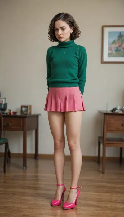 shy 25 year old girl, full body shot, (very embarrassed), (room with desk), (feeling exposed), (extremely high pink plateau high heels), ((chubby legs:.8)), (normal upper body), (short girl), brown wavy hair, curly bobcut, (short dark brown hair:1.1), small breast, flat chest, (dark green cashmere pullover), (dark green jumper:1.2), (emerald pullover), (long pullover), (ultra short pink pleated micro skirt:1.2), (pink micro skirt:1.3), (plateau high heels:1.3)