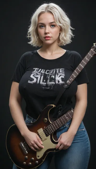 Giant massive breasts, tits, young body and female breasts, saggy breasts, large distance between tits, tulle slime, opalescent glow, wide hips, white hair gathered in a careless bun, she's wearing a black oversized T-shirt and jeans, playing something on a guitar, on a black background, sequins, anime