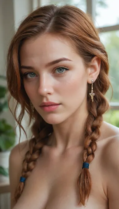Woman, Makeup, Portrait, Seductive pose, John Berkey, Beauty face, Naked, Pale skin, Fit, Braided hair, Ginger hair, Pubic hair, Blooming garden