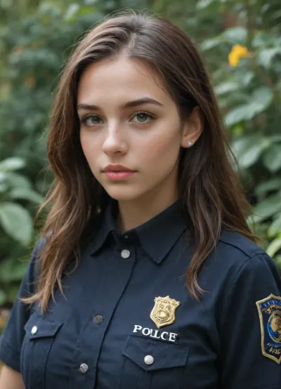 hot girl in the garden, sexy police uniform, huge boobs, detailed portrait of a young woman with long brown hair