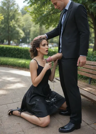 brunette woman in black formal dress sits on a bench in the park, a man standing infront of her with his pants down to his knees, has his huge big cock out and masturbates infront of the woman, big large penis, massive cock
the womans dress is covered in large chucks of cum, massive cumshot, cum on clothes
