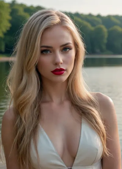 professional portrait, sexy blonde by the lake, extra massive lips, red lips, extra long hair, photorealistic, highly detailed, 8K, perfect leather, deep look, A keen look, soft lighting, hazy atmosphere, beautiful landscape, Exquisite style