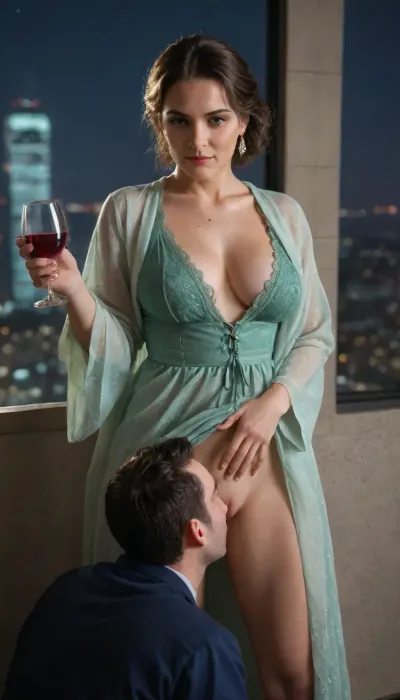 (masterpiece, best quality), (Twilight Photography:1.4), (Italian woman, milf, Sofia:1.1), (emerald green glossy silk chemise, glossy silk night robe), holding glass of wine, (cunnilingus, standing cunnilingus:1.2), aroused, (cinematic lighting), spacious balcony, glass railings, city skyline view, penthouse, (night:1.4), captured with a Leica M10, Leica Summilux 50mm f/1.4 lens, sharp focus, best shadow, 8K, UHD, clear image, extremely sharp, extremely detailed, extremely intricate detail, high res, ultra-high-definition, highly detailed, ultra-sharp textures, finely detailed, perfect skin texture, hyperrealistic lighting, professional photography, full dynamic range, deep contrast, high clarity, realistic depth of field, HDR, perfect exposure, smooth gradients, natural reflections, ultra-fine details, realistic skin pores, individual hair strands, soft shadows, color-graded