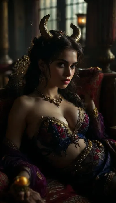 Rating_explicit, Hyper-detailed portrait of a stunning demon girl with horns, white horns, huge breasts, glowing slit-pupil eyes, and a mischievous smile, reclining sideways on a luxurious velvet divan adorned with golden tassels, a ripe purple grapes near her lips, her sharp nails contrasting with the fruit's softness. The grand hall features marble floors with intricate mosaics, towering pillars wrapped in silk, and golden lanterns casting warm, ambient light. Around her, opulent platters overflow with pomegranates, figs, honeyed sweets, and jeweled goblets of wine. She wears a sapphire-blue eastern-inspired ensemble with elaborate gold embroidery, a sheer chiffon veil, and layers of ornate gold jewelry—chandelier earrings, serpentine arm cuffs, and a gem-studded belt. The scene is rich with细节, Persian carpets, peacock-feather fans, scattered rose petals, and ancient tapestries depicting mythical beasts. Ethereal wisps of dark smoke curl around her ankles, hinting at her supernatural essence. Cinematic lighting, vibrant colors, and ultra-realistic textures enhance the fantastical opulence, supermodel, face, big, lips, pouting, <lora:MJ52:.8>, <lora:Beautify-Supermodel-SDXL:.8>, <lora:Pouting_SDXL:.8>, <lora:dark:.5>