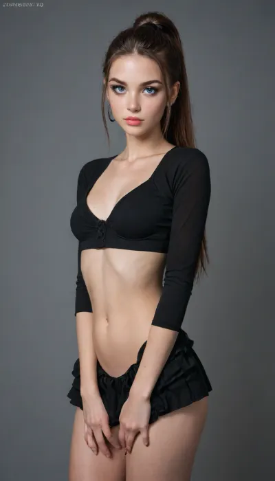 Highest resolution 8k image, ((18 year old cute, petite, female model. Gorgeous slim physique, small firm breasts, narrow waist, slender thighs, perfect anatomy), (long brown hair in a ponytail, huge gorgeous blue eyes, long eyelashes, heavy eyeliner, full sensuous pink lips)), ((Looking towards the viewer, with a sexy expression, standing in a sultry manner), (wearing a short sexy black and white gothic schoolgirl uniform)), (setting is in an alchemists laboratory)