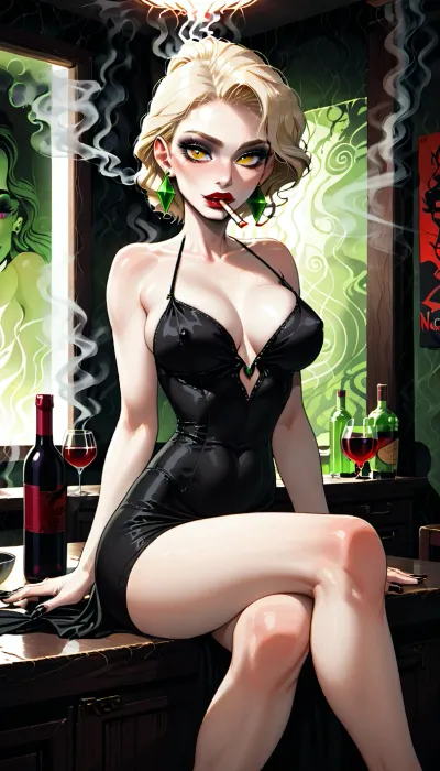 Female, 25 years old, smooth ash-blonde hair in a classic updo, name Qubirey, delicate features with a sharp gaze and pale complexion, golden eyes with long lashes, natural makeup, tall elegant build with long legs, horny, lust, seducting, wearing a black cocktail dress, black fingernails, seductively sitting leaning on a bar counter, smoking a cigarette with seductive look, Retro 1950s vibe, art deco elegance, red lips and glamorous makeup, large round earrings. On the table, a crystal decanter, wine bottles, and a glass with lemon slice. Sife view, Soft lighting, muted green background, cinematic shadows, flat color shading and textured brushwork in mid-century poster art style, art deco, deep shadows, moody and cinematic lighting, incase, style, perfecteyes, <lora:287175_training_data:1.5>, <lora:lora-sdxl-perfect-eyes:.8>, smoking, smoke, coming, out, of, the, mouth, <lora:Smoking_Babes_XL_V2:.8>