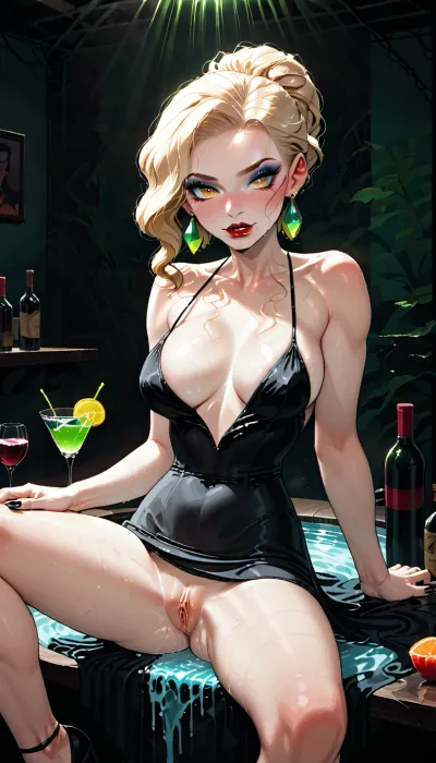 Female, 25 years old, smooth ash-blonde hair in a classic updo, name Qubirey, delicate features with a sharp gaze and pale complexion, golden eyes with long lashes, natural makeup, tall elegant build with long legs, horny, lust, seductive look, wearing a pitch black cocktail dress, black fingernails, seductively sitting leaning on a bar counter, legs spread, soaking wet pussy visible, Retro 1950s vibe, art deco elegance, red lips and glamorous makeup, large round emerald earrings. On the table, a crystal decanter, wine bottles, and a glass with lemon slice. Sife view, Soft lighting, muted green background, cinematic shadows, flat color shading and textured brushwork in mid-century poster art style, art deco, deep shadows, moody and cinematic lighting, incase, style, perfecteyes, <lora:287175_training_data:1.5>, <lora:lora-sdxl-perfect-eyes:.8>