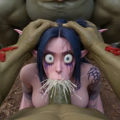 (UHD 8K, masterpiece, best quality, maximum details, extreme realism, cinematic still), (beautiful 18 years old night elf girl), (forest), blue hair, ponytail, (night elf eyes), (medium perfect breasts), (perky butt), (cleavage), (night elf tattoos on face), (nude, naked, visible breath), (grabbing another's head:1.5), (kneeling on ground), (tall fat troll:1.2), (huge penis:1.2), (deep throat:1.5), (irrumatio:1.5), (cum in mouth:1.5), ((ejaculation:1.5)), (gushing cum), ((cum explosion)), (wide-eyed:1.5), (disgusted:1.3), (pov), huge, cock, anime, hugest, man, ever, cumming, cinewow, deathknight, deathwing, fel, demon, illidan, stormrage, sylvanas, windrunner, blood, elf, <lora:255484_training_data:1.1>, <lora:cinewow-step00000300:1.1>