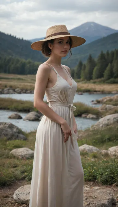 A young woman, likely in her late teens or early twenties, stands on a weathered stone platform by a serene lake. Her ethnicity is not explicitly defined, but her features are delicate and graceful. She is nude, wearing a flowing, draped, light grayish-tan, fabric skirt that billows dramatically around her, seemingly catching the breeze. A dark wide-brimmed hat shades her face. Her expression is contemplative and melancholic, her gaze directed slightly downward. Her posture is relaxed yet conveys a sense of quiet contemplation and introspection. Her body is toned, with a visible musculature that is rendered realistically. The overall palette is muted, in shades of light beige, gray, and muted browns, creating a calm, ethereal mood. The light is soft and diffused, casting subtle shadows on the figure. The lake stretches out behind her, reflecting the pale sky in a still, misty, hazy manner, with a hazy, mountainous horizon line in the background. The shoreline is marked by sparse, dried-out plants and rocks. The style is evocative of hyperrealistic paintings or digital art, with a strong focus on form, light, and texture. The composition emphasizes the figure's quiet solitude and the vastness of the landscape. A sense of quietude and serenity permeates the image. The texture of the fabric and the skin is captured with great detail, showcasing the artist's mastery of light and shadow. The image has a soft focus and misty quality, emphasizing a serene atmosphere.