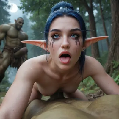 Wide shot, perspective angle, male bodies visible in frame, Warcraft, (defeated, broken, forced), young, ((night elf woman)), with medium messy makeup, night elf facial tattoos, medium firm breasts, small hard nipples, (night elf eyes), dark blue hair, ponytail, ahegao, (face), in a forest, is, ((hard fucked in a face down position)), by a, ((massive giant orc troll warrior)), ((huge oversized cock)), <lora:788512_training_data:.8>, <lora:WoW_Orc_Juggernaut:.8>, <lora:add-detail-xl:.8>, WoW-ish, <lora:WoW-ish:.8>