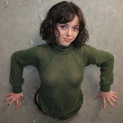 (photo realistic:1.2), (highly detailed skin), 1girl, long sleeves, small breasts, short dark hair, curly bobcut, wavy hair, looking at viewer, sweat, (dark emerald green cashmere pullover:1.2), (emerald green jumper:1.3), trapped_in_wall, stuck, in, wall, (realistic hands, 5fingers per hand), (lower body stuck in a hole in the wall:1.5), (only upper body protruding from wall)