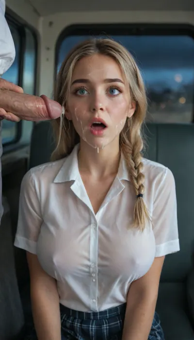 Night, dimly lit, 18 year old college girl sitting on bus, shocked, (extremely surprised), ((man standing next to her jerking off and spraying cum all over her face)), (cum spray on face), (he holds his cock against her face), she is getting facialized, she is extremely beautiful, perfect face, blonde braided hair, hairband, skinny, massive breasts, tight school uniform
