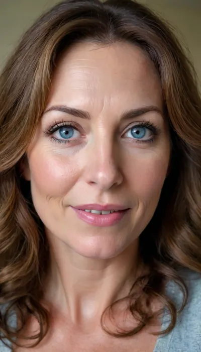 50 year old mature milf, Portrait, up close picture of face. Perfect face. wavy messy brown hair, hairy, big-eyed brunette, no makeup, sexy look natural, blue eyes, fat face, big lips, smiling