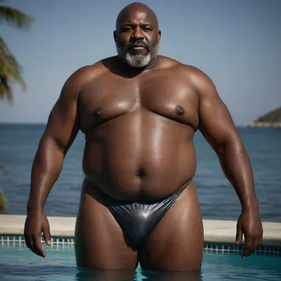 A 55 year old bald fat big bellied black man, grey bearded, big ass, wearing a big Speedo with visible pubic hair coming out from the sides of the Speedo, full body, view from the sides