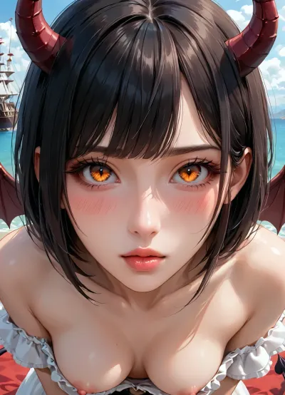 masterpiece, best quality, highly detailed, (anime:1.2), BREAK, (solo), (close up focus on girl's lips as she tries to kiss viewer, girl kissing viewer, imminent kiss:1.4), ((a gorgeous 25 year old white succubus with, demonic wings on back, horns, tail)), romantic atmosphere, she is enjoying a dinner date with viewer, (standing pov as viewer grabs both of the girl's shoulders, she blushes and is surprised but realizes he is trying to kiss her so she leans forward to kiss the viewer:1.1), (leaning forward with her breasts hanging as she kisses viewer, imminent kiss, she closes her eyes and puckers her lips as she kisses viewer), Flying Above Steampunk City, steampunk, (downblouse, natural b cup boobs, beautiful nipples, nipslip), (succubus has long black hair bob haircut), (her orange eyes closed), (blushing, kissy face:1.2), (slim), athletic, gymnast body, (wearing a loose Victorian dress), flying sail ships, airships, <lora:Animated_Concept:1>, <lora:add-detail-xl:.8>, <lora:Super_Eye_Detailer_By_Stable_Yogi_SDPD0:.8>, <lora:RealDownblouseXL2:1>