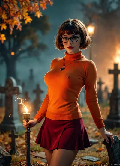 comic breathtaking, (sdxlvelma:1.2), sexy Velma Dinkley holding a torch in a graveyard by night with a flirtatious smiles at the viewer, lowcut orange sweater, burgundy miniskirt, stockings, cleavage, freckles, graveyard, detailed, realistic, 8k uhd, high quality, gil, elvgren, Radiant, Darkness, <lora:sdxlvelma:.8>, <lora:ge-xl:.8>, <lora:MJ52:.8>, <lora:233007_training_data:.4>