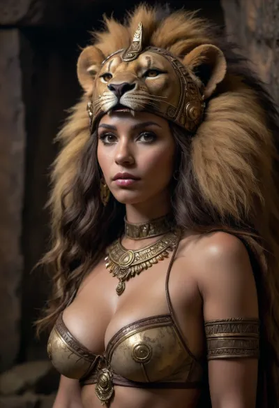 dark cave setting, woman with large breasts and tribal-style clothing, animal headpiece, (lion), brown, gold, tan, darker brown, dark background, woman with exaggerated features, implied sexual tension, woman is dark-skinned.