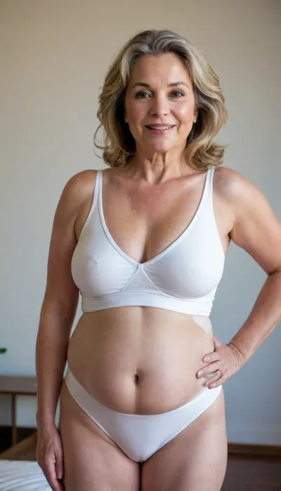 (chubby), pregnant, (gilf), 75 years old, (((BODY FACE FRONT, Looking FRONT))), bbw, curvy, chubby, fifty-year-old woman, ultra detailed, masterpiece, best quality, extremely detailed, sharp focus, bob cut dark blonde hair, ((white lowcut v-neck leotard)), ((big white wide full coverage highwaist yoga shorts)), big hips, narrow waist, parted lips, full lips, smile, saggy breasts, (cameltoe), (FUPA)