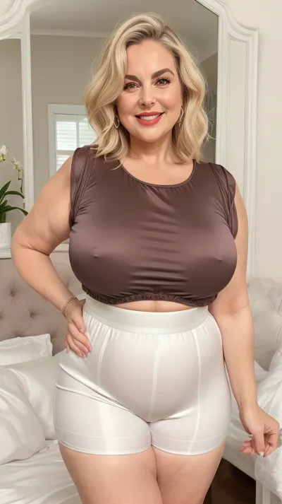 Full portrait picture of a curvy 70 year old mature woman, gilf, in a bedroom, mirror, plump waist, thick, big fupa, cameltoe, wide hips, big hips, sleeveless t-shirt, white silk high waist silk shorts, fat round face, light eyes, bob cut dark blonde with highlights hair, slicked-back hair, wide bowed lips, lips parted, smiling, laugh lines, wrinkles around eyes, fully dressed