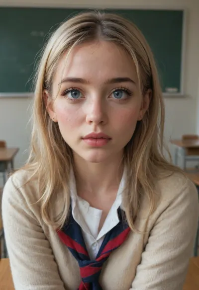 blonde hair, hair fringe, perfect skin, extremely beautiful face, blush, freckles, full lips, thick lips, ultra high details, award winning photo, breasts, hips, super waist, perfect anatomic body, thick eyelashes, long eyelashes, blushing, pink lips, glossy lips, attractive face, perfect nose, round cheeks, beautiful woman, hinata, sexy, model, curvfreckles face, pretty face, hyper realistic, perfect eyes, best detailed hair, sweater, shocked, extremely embarrassed face, classroom, very tight school uniform