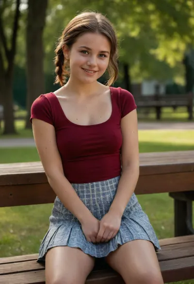 *in a park in summer*, sitting with open legs on a wooden park table, Dutch, petite, smile, childish face, brown hair with pigtails, 18 years old, wears a very short pleated skirt with nothing underneath and a croctop, innocent, brown eyes, looking at the viewer, ((submissive)), ((adorable)), brown hair with quilts, well-built body, nice, round butt, medium-sized pear-shaped breasts, puffy nipples, large areolas, small lips, freckles on face and skin, (tip of nose raised), snub nose, masterpiece, award winning photo, professional lighting