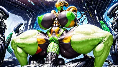 Xenomorph, narrow waist, huge tits, massive ass, beautiful body, black skin like a xenomorph, green pussy.massive cock, (massive cock:1.6), vagina sex, sex from behind, deep penetration, (penetration:1.6), bulge of the abdomen, bulge of the abdomen due to the size of the penis. side view