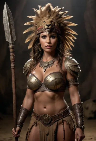 dark cave setting, (mature warrior woman with large breasts and tribal-style clothing), ((muscular)), (lion headpiece), (holding a spear at the ready), brown, gold, tan, darker brown, dark background, woman with exaggerated features, implied sexual tension, (woman is dark-skinned), .