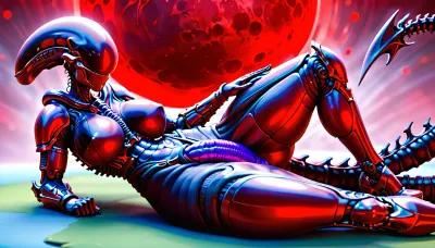 dark dry earth under a bright red moon, ashes fly, xenomorpg girl in knight's armor, the color of the armor is red, armor copies the ideal curves of the body, lying on the grass, big tits, big hips, in front next to the xenomorph there is a huge dildo lying on the ground, huge dildo, (dildo size:1.2), he character is looking at the viewer, view is sideways.