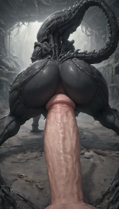 Xenomorph from the movie alien, head down, ass up, huge ass, the color of the cat is green, rear view, looking from the front over the shoulder, massive cock, (massive size cock:1.9), fat cock, vagina sex, deep penetration.