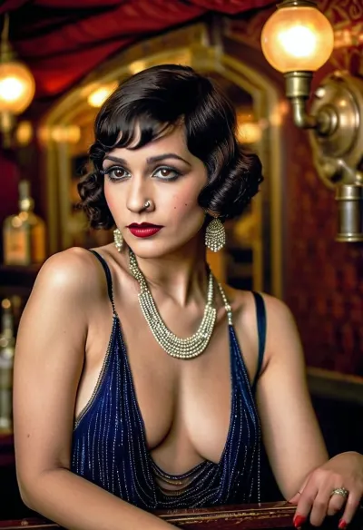 woman, Indian, 1920s flapper girl, 1920s hair, 1920s make up, leaning on a bar at a speakeasy facing the viewer, seductive, (detailed clothing), (detailed background), (1920s decor:1.4), ((topless)), (retro 1920s style:1.3), long nipples, large natural breasts, freckles, earrings, very hairy bush, (perfect hands:1.2), insanely detailed background, Rank_9, fluxenh4nce, puffy, nipples, dark, ghost, wide, <lora:FLUXEnh4nce:.5>, <lora:Nipples XL:.7>