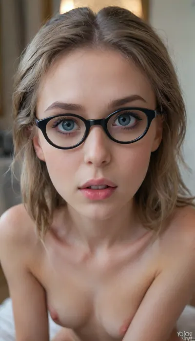 (18 year old girl:1.7), cute face, doll eyes, (((is on her knees))), (view from side), (((pastel room))), (round black thin frame glasses:1.3), (((looking up))), looking at me, (((view first person))), light blonde hair, super realistic photo, perfect lighting, (best shadow), 8K, UHD, sharp image, (best lighting), highest quality, (hands behind back), super detailed images, small details, high resolution, 8k wallpaper, masterpiece, (naked:1.5), (((skinny))), big and perky breasts, (caucasian, blue, ((big eyes)), brown hair, (long pigtails), (very detailed face), (beautiful face, blush, white skin), (makeup:1.3)), sucking, cock, <lora:xl_more_art-full_v1:.5>, <lora:detailed_notrigger:.5>, <lora:DetailedEyes_V3:.6>, <lora:cockteaseLoRASDXL:.5>