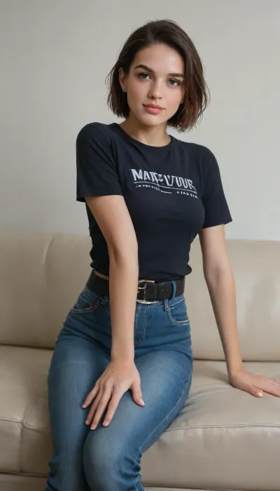 Jill Valentine's appearance from part 3 of the RE game, white background, wearing tight blue jeans with a black belt, and a blue T-shirt, sitting on the couch, hand on knee, smiling, lips made up with lipstick, eyelashes, anime drawing style.