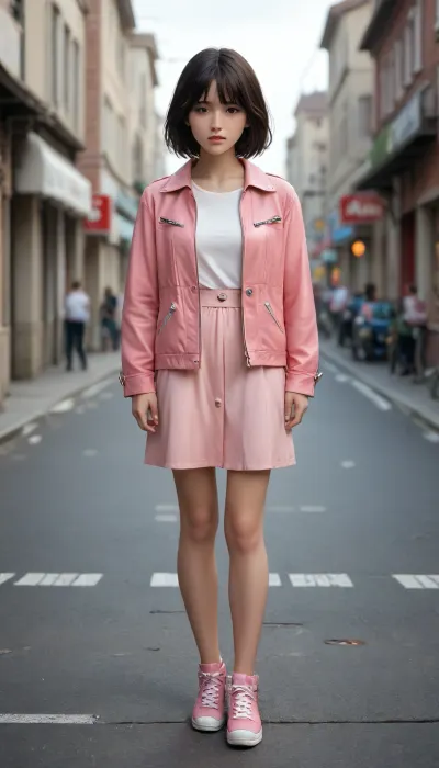beautiful girl, 18 years old, young, Kazakh, with long black hair, in a pink leather jacket, with a sad look, full length