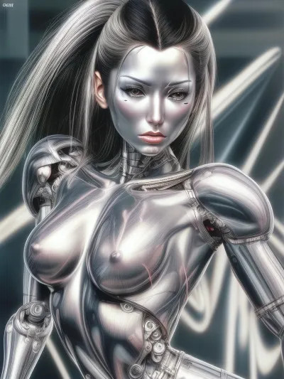 Brunetka 25 lat, nude, silver skin, style haime sorayama art, woman-cyborg, metal skin, cyborg woman, steel skin, FastNegativeV2, BadDream, Perfect face, <lora:more_details:.8>