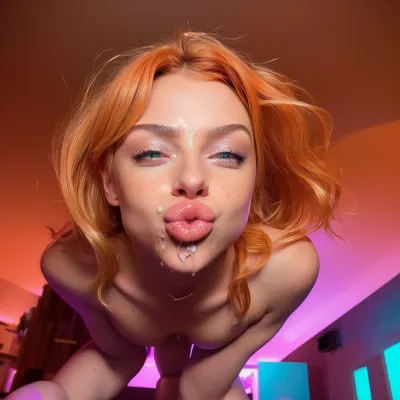 natural petite cutie, 18 years old beautiful model, (very slim, anorexic figure), beautiful ginger girl, orange hair, long flowing hair, green big shiny eyes, perfect lips, sexy makeup, freckles on face, freckles on tits, tanned shiny skin, a collar with diamonds around her neck, naked, pink high heels, visible breasts in size B, visible shaved pussy, long very shapely legs in high heels, she is lying on the bar in a nightclub, oiled body, legs raised up, legs spread wide, pink stockings, stockings wet with oil, she is looking at the camera, whole body visible in the photo, provocative pose, purple lighting, neon lights, perfect lighting, (dildo in the vagina), ((over-detailed professional photography, masterpiece, epic photorealism)), DSLR camera, best quality, best resolution, uhd, perfect composition of lights and shadows, dynamic, the brightest image, clear focus, depth of field, 32k, 30 mm lens, 1/250 s, f/2.8, ISO 300, perfectly detailed skin texture, perfect symmetrical face, (perfectly detailed sparkling green eyes), (perfect highlighted orange hair), (voluminous tousled messy after sex hair), (view from above:1.1), (looking at vuewer), oiled skin, oiled tits, oiled, head to toe, ((perfect face)), (perfect nose), lip injections, long hair, big lips, (splashes cumshot by more white sperm dripping on her face and mouth), plump lips, long eyelashes, head raised, top view, (full-length top view), (realistic mouth, realistic teeth), (portrait:1), detailed face, highly detailed face, crystal clear image, bukkake, cum, facial, mouth full of cum, amateur, flash photo, cum on face, cum on body, cum swapping, man, excessive cum, covered in cum, ejaculation, projectile cum, cum on breasts, cum on back, cum on ass, cum on pussy, cum on shoes, cupping hands, cum on hands, cumdrip, after sex, after vaginal, <lora:Pouting:.999>, <lora:cum_b1:.5>, <lora:weight_slider_v2:-1>, <lora:age_slider_v20:-1>, <lora:cuff2collar:.5>
