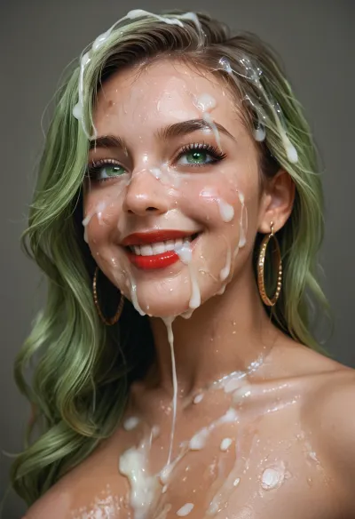 super close hot of bukkake, happy and smiling, hd light green eyes and detailed iris, cumshots, facial portrait picture of her face in cum facial, with natural minimal makeup, a lot of Cum on her faceand between her perky breasts, cum on her eyelashes, Cum on her eyelids, Cum on her cheek skin, her face wet with Cum, Cum on her red lips. cum on her hair, woman, cum, on, face, <lora:JustCum:1.1>, <lora:add-detail-xl:.8>