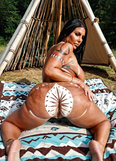 Very busty 60 years old grandmother, huge siliconed big tits, perfect giant round boobs, amazing body, mature, inside tipi background, different situations, tanned old native american, native patterned sheet, body, lies on prone, huge round ass, body painting High detailed photo, high quality photo, different angles