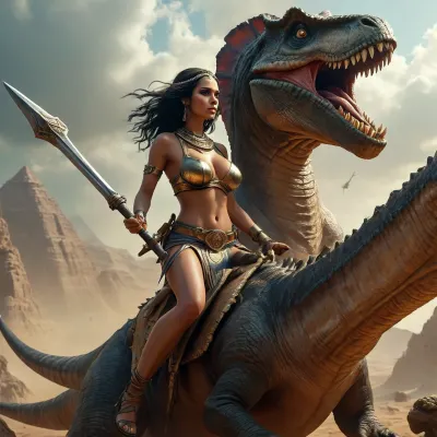Ancient Egyptian princess riding a tyrannosaurus rex, riding, girl on the back of a T-Rex, in the style of a heavy metal album cover, holding a broad sword, large, breasts, big, boobs, huge, tits, <lora:MJ52:.8>, <lora:bombshell_v2:.4>