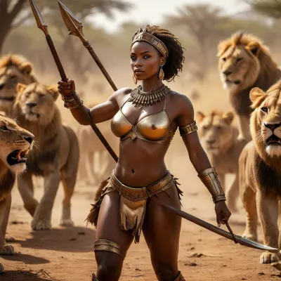 Beautiful African Queen battling a pride of lions, queen holds a spear and African shield, battle pose, saggy breasts, natural breasts, muscular ass, muscular thighs, glistening with sweat, <lora:MJ52:.8>, <lora:bombshell_v2:.4>