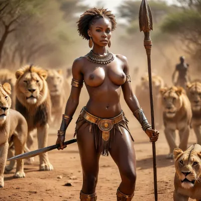 Beautiful African Queen battling a pride of lions, queen holds a spear and African shield, battle pose, saggy breasts, natural breasts, muscular ass, muscular thighs, glistening with sweat, <lora:MJ52:.8>, <lora:bombshell_v2:.4>