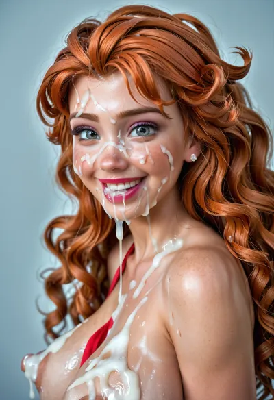 super close shot of bukkake, (viewed from side), happy open smile, hd dark and detailed grey eyes and iris, ((long wavy hair)), lots of long runny thick cumshots, facial portrait picture of her face in cum facial, with natural minimal makeup, (looking at viewer), a lot of Cum on her face and between her perky saggy pointy medicine pert breasts, huge perky puffy areola and nipples, cum on her eyelashes, Cum on her eyelids, Cum on her cheeks, her face coated with Cum, Cum on her pink lips. cum on her hair, cum in mouth, (ginger anna from frozen, aged 37, older, 37yo), woman, cum, on, face, <lora:JustCum:.9>