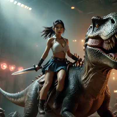 Asian school girl riding a tyrannosaurus rex, riding, girl on the back of a T-Rex, in the style of a heavy metal album cover, holding a broad sword, large, breasts, big, boobs, huge, tits, <lora:MJ52:.8>, <lora:bombshell_v2:.4>