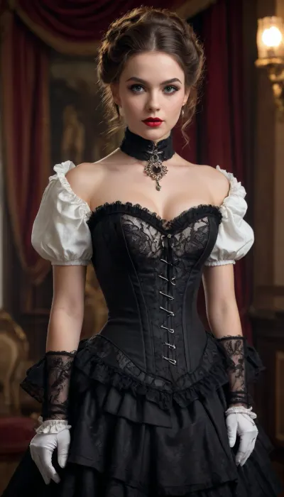 A vintage-style full-body portrait of a woman dressed in an elaborate Victorian-era inspired costume, exuding elegance and charm with a touch of theatrical flair. The outfit features a structured white corset with black beaded detailing along the neckline, creating a sophisticated and glamorous contrast. The corset accentuates her figure, while the black lace gloves add a delicate yet bold element to her look.

The skirt is a layered design with black and white striped fabric and black tulle overlays, featuring intricate polka-dot patterns and ruffled accents that add volume and movement. The combination of textures creates a rich, visually dynamic ensemble. A black choker with a small pendant adorns her neck, perfectly complementing the gothic aesthetic of the outfit.

Her hair is styled in voluminous, curly waves, framing her face with a timeless and dramatic effect. The hairstyle includes a black feather accessory that enhances the theatrical, period-piece look. Her makeup is classic, with a focus on bold red lips and subtly defined eyes, adding to the overall vintage charm.

The background is a muted, warm-toned brown with a painterly texture, resembling a traditional studio backdrop from the late 19th century. The lighting is soft and diffused, creating a warm glow that highlights her features and the intricate details of her outfit, while casting gentle shadows that add depth to the image.

The composition is centered, with the subject standing in a poised and confident manner, one hand resting on her hip and the other delicately holding a part of her skirt. The overall mood is timeless and elegant, evoking a sense of historical drama and classic beauty.