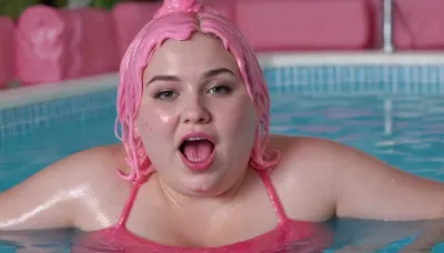 20 year old chubby woman. she is completely covered and smeared with liquid pink slime. hair is completely covered and smeared with liquid pink slime. face is completely covered and smeared with liquid pink slime. mouth with big lips . she is crowling in a pool filled with thick pink slime and she dips her head into the liquid pink slime. liquid pink slime drips from the top of your head. full body shot, seen from the surface of the pink slime, smiling, <lora:Chubby BBW - XL:1.5>, <lora:671422_training_data:.8>